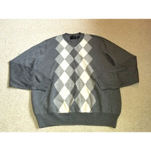Mens Sweater-GARRET SCOTT-gray/white argyle merino wool "Modern Fit" Academia-XL